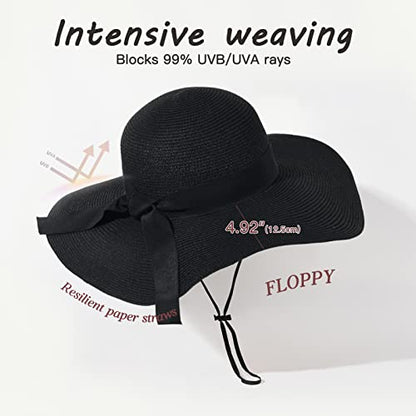 FURTALK Womens Sun Straw Hat Wide Brim Floppy Summer Beach Hats for Women - color: Pure Black, size: Medium-Large