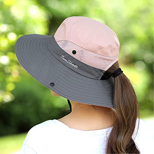 ZOORON Women's Ponytail Safari Sun Hat,Wide Brim UV Protection Bucket Hat - color: 2-black+pink