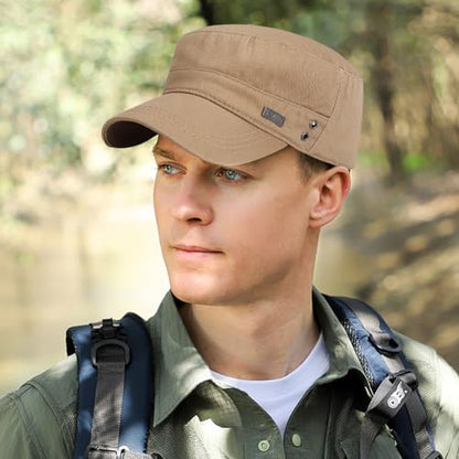 Cotton Military Caps for Men Women Unisex Flat Top Hat Adjustable Cadet Army Cap - color: Beige
