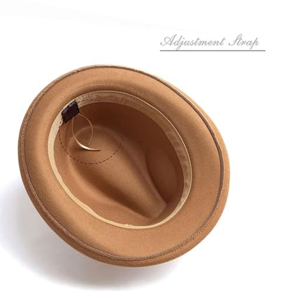 Short Brim Fedora Hat for Men Women Felt Trilby with Feather - color: Camel