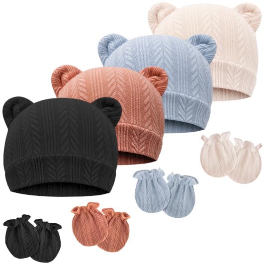 Newborn Baby Hat and Mittens Set Bear Ears Toddler Infant Beanie Caps Newborn Hospital Hat for Baby Boy Girl 0-3 Months - color: Wheat Patterned Bear Ear M
