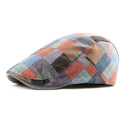 Gudessly Mens Adjustable Colorful Striped Plaid Ivy Newsboy Cabbie Gatsby Golf Cap Flat Cotton Hat Thin Cap - color: 826red