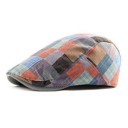 Gudessly Mens Adjustable Colorful Striped Plaid Ivy Newsboy Cabbie Gatsby Golf Cap Flat Cotton Hat Thin Cap - color: 826red