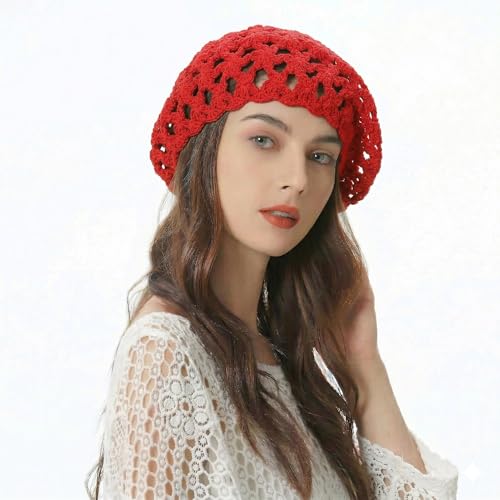 ZLYC Women Cotton Slouchy Crochet Beret Handmade Cutout Floral Beanie Hat - color: Red