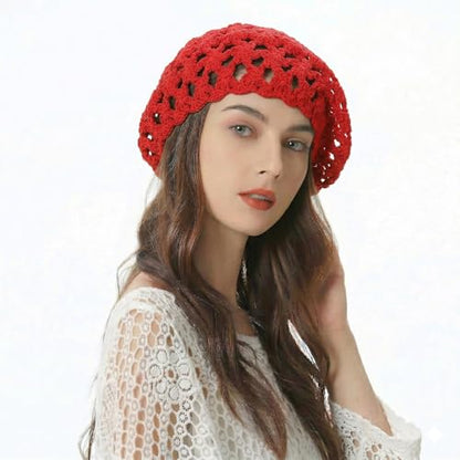 ZLYC Women Cotton Slouchy Crochet Beret Handmade Cutout Floral Beanie Hat - color: Red