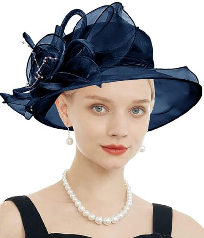Women's Kentucky Derby Church Dress Hat Wide Brim Leaf Flower Bridal Shower Hat - color: F13 Navyblue