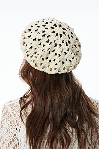 ZLYC Women Cotton Slouchy Crochet Beret Handmade Cutout Floral Beanie Hat - color: Beige
