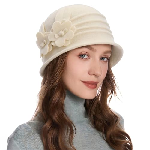 ZLYC Women Wool Cloche Bucket Hat 1920s Vintage Winter Hat with Flower - color: Daisy Cream-white