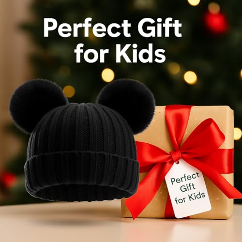 Toddler Winter Knit Hat Upgrade Fleece Lined Pompom Ears Beanies Cap for Boys Girls 3-12 Years - color: New Black
