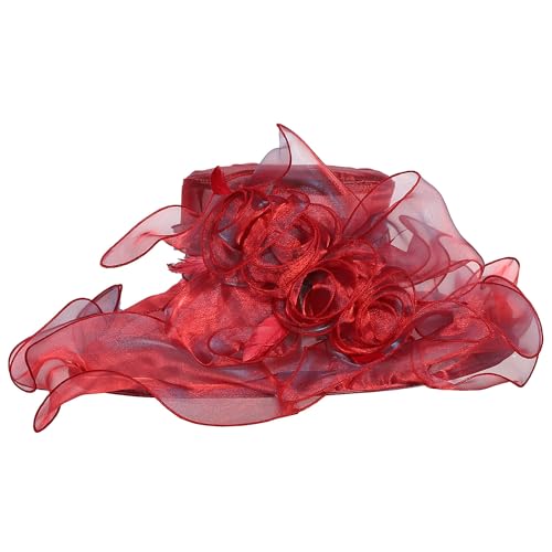 Women Oganza Sun Hat Church Wide Brim Wedding Formal Fascinator Hat - color: Wine Red