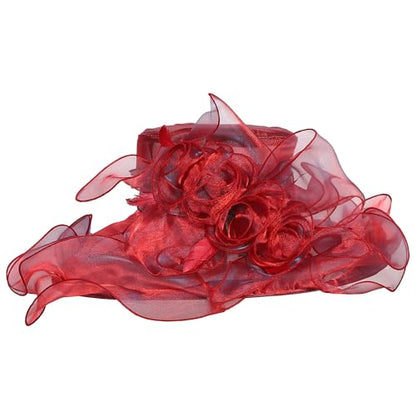 Women Oganza Sun Hat Church Wide Brim Wedding Formal Fascinator Hat - color: Wine Red