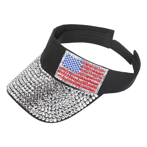 Shiny Rhinestones American Flag Sun Visor Hat Summer Outdoor Open Top Baseball Cap Adjustable Sparkly Party Headwear - color: American Flag - Black
