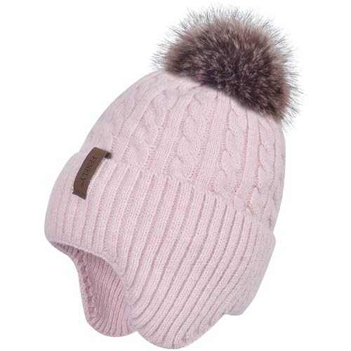 FENELY Women's Knitted Warm Beanie Winter Hat, Warm Chunky Snow Hat with Pompom - color: Pink