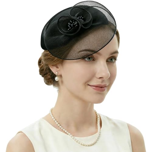 DRESHOW Fascinator Hats for Women Cocktail Tea Party Hat Netted Pillbox Hat Vintage Derby Hats for Bridal Wedding - color: Pillbox Hat: Black