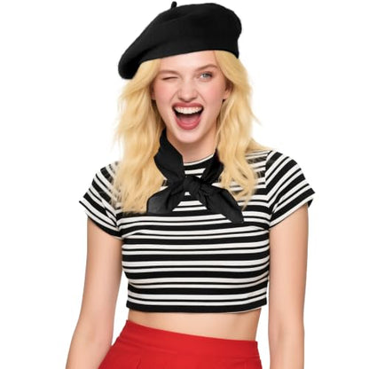 Classic Beret Hats for Women French Beret Hats Costume Accessories Painter Artist Cap with Scarf - color: Black