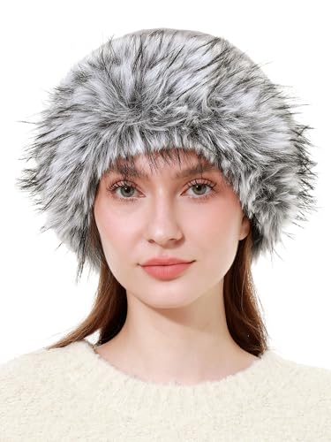 sy soul young Women's Leopard Faux Fur Hats Fluffy Bucket Hat Russian Style - color: Gray and Black Tips