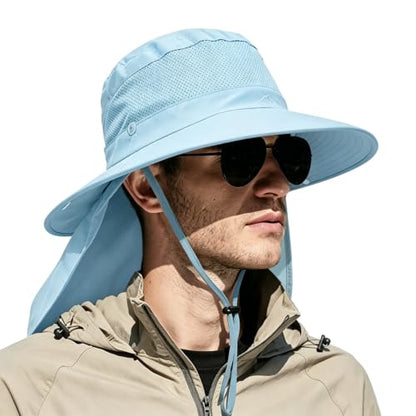 Outdoor Sun Hats with Stowable Neck Flap for Men Women UPF 50+ Mesh Summer Bucket Hat Wide Brim for Fishing Safari Hiking - color: Blue