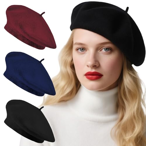 Jolbndcv 6PCS Beret, French Beanie, Outdoor, Winter, Fashion Lady Hat - color: Black, Burgundy, Navy Blue