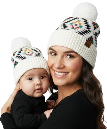 Funky Junque Mommy & Me Pom Pom Beanies Set – Infant Baby & Mom Matching Winter Outfits, Warm Newborn & Women's Beanie Hats - color: Aztec - White