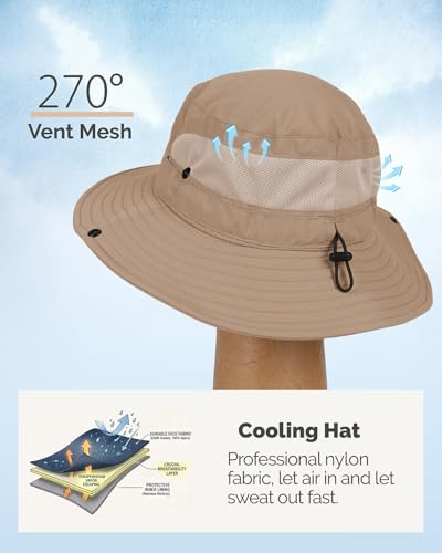Hat Hut Hiking Hat, UPF50+ Wide Brim Sun Bucket Hats for Men Women, UV Protection, Fishing Outdoor Safari - color: Khaki