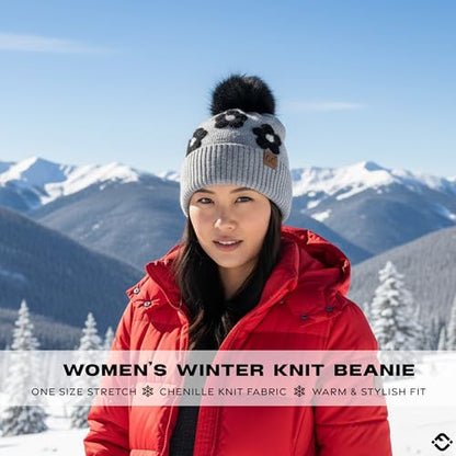 Funky Junque Beanie for Women Ultra Soft Chenille Faux Fur Pom Pom Winter Hats Warm Ski Cap Fashion - color: Daisy - Grey
