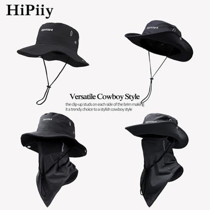 Wide-Brimmed Sun Hat,Fishing Hat,for Beach Fishing, Hiking,Camping,with Cooling Silk Mask to Block Mosquitoes(Hat + Mask) - color: Black