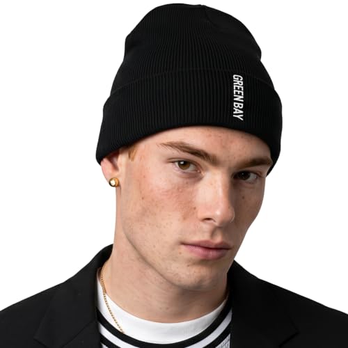 Daxton Vertical USA Cities Cuffed Beanie, Winter Knit Hat Skully Cap for Men Women, City Pride Daily Headwear - color: Green Bay Black White