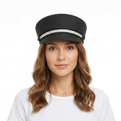 Women's Polyester Straw Newsboy Cap, Gatsby Ivy Style Visor Beach Hat, Adjustable - color: Black