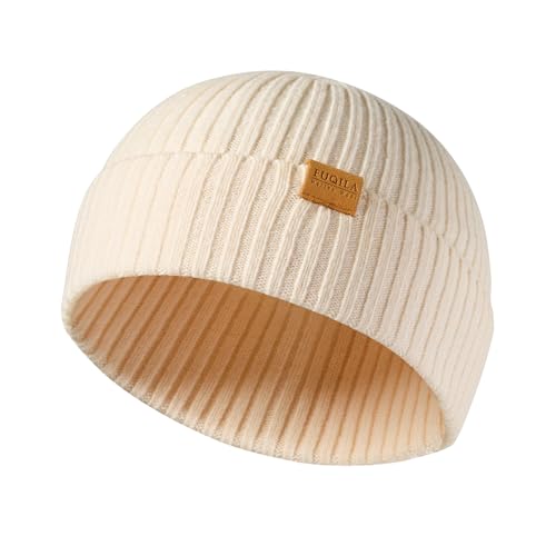100% Merino Wool Fisherman Beanie Hat, Unisex Warm Winter Hats, Soft Breathable Knitted Short Cuffed Cap - color: Beige