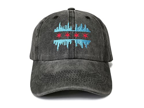 America State City Flag Hats - color: Chicago Illinois Skyline Flag (Washed Black)