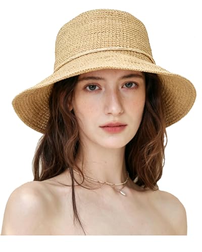 Women's Raffia Straw Bucket Hat Foldable Summer Sun Hat Handmade Woven Beach Hat Portable Travel Natural Straw Cap - color: Brim 3.1"