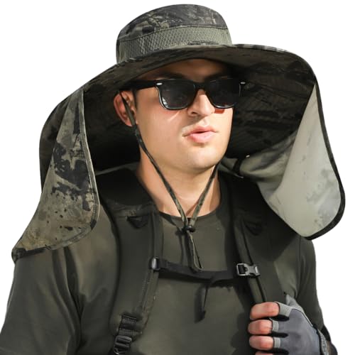 HUAMULAN Women Wide Brim Summer Sun Hat Ponytail Hole with Neck Flap - color: Hyp016-junlv-smo