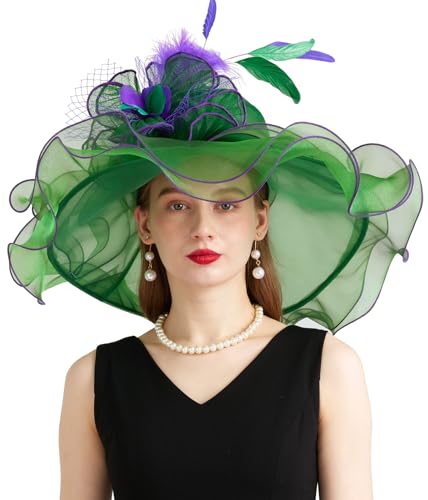 Women Organza Derby Hat Fascinator Tea Party Wedding Church Derby Hat Fascinator Hats Dual-use - color: 02c Grass Green