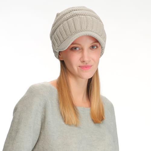 C.C Trendy Warm Oversized Chunky Soft Oversized Ribbed Slouchy Knit Hat with Visor Brim - color: Beige