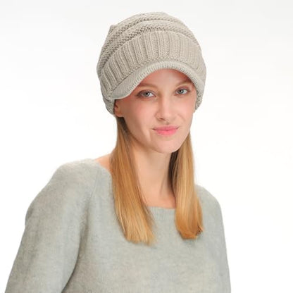 C.C Trendy Warm Oversized Chunky Soft Oversized Ribbed Slouchy Knit Hat with Visor Brim - color: Beige