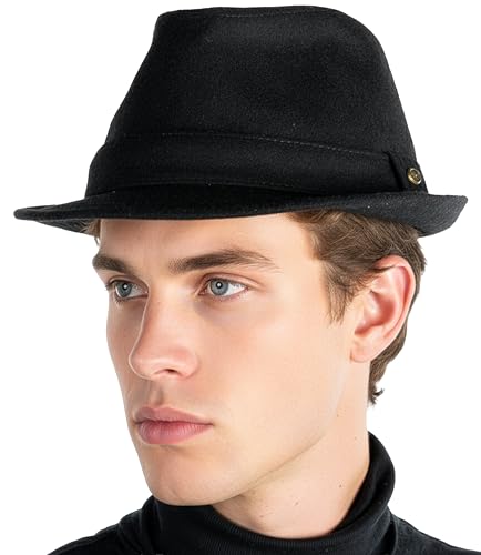 Funky Junque Fedora Hats for Men – Classic Wool Blend Trilby Dress Hat, Short Brim Men’s Fedoras for Formal & Casual Wear - color: Black, size: 6 3/4-7 1/8