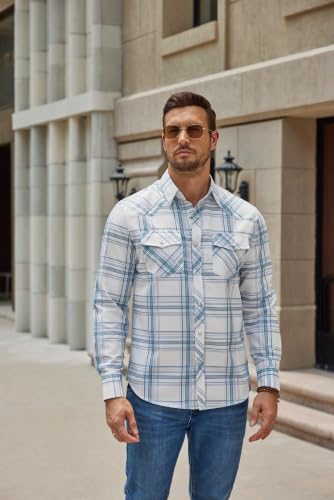 COOFANDY Men's Western Cowboy Shirts Casual Button Down Shirt Long Sleeve - color: Light Blue Plaid, size: Small