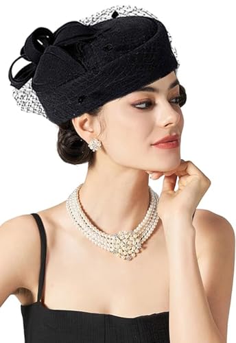 Women's Vintage 100% Wool Felt Cloche Bucket Bowler Hat Winter Vintage Bow Fedoras Church Fascinator - color: A1-black