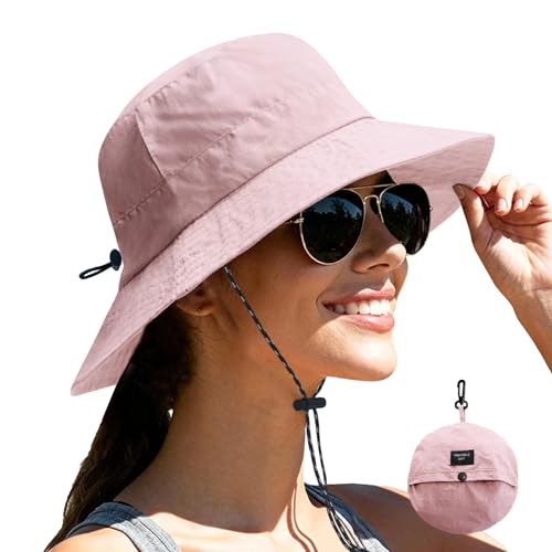 NPJY Packable Sun Bucket Hat for Women Outdoor Waterproof Rain Hat - color: Pink (Packable)