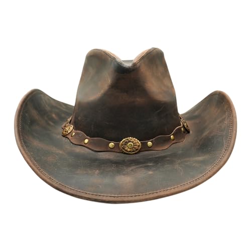 Equine Care Leather Cowboy Hat for Men & Women, Genuine Leather Western - color: Antique Brown, size: 7-7 1/8