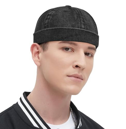 Classic Denim Skull Cap for Men Adjustable Brimless Beanie Hat for Everyday Casual Wear - color: Black