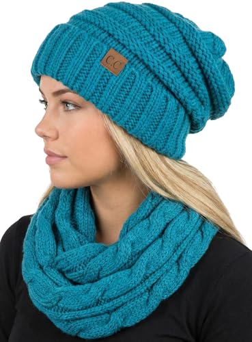 Funky Junque Slouchy Beanie & Infinity Scarf Gift Set – Matching Winter Accessories Sets for Women, Oversized Hat and Scarves - color: Teal
