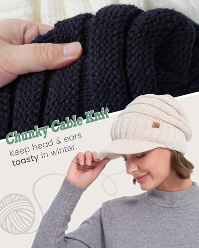 Women Men Winter Beanie Hat with Visor, Warm Fleece Lined Beanie Cap, Thick Knit Cap Slouchy Hat with Brim - color: Navy Blue