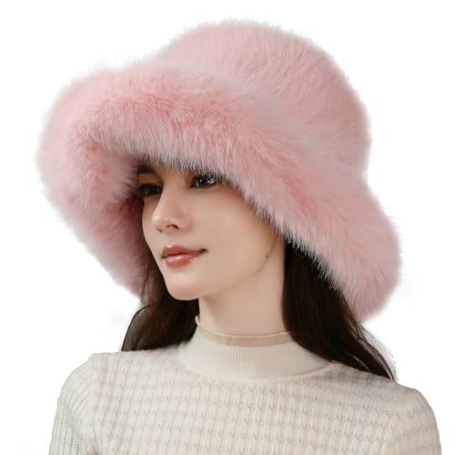 Dikoaina Faux Fur Bucket Hat for Women Girl – Oversized Brim, Super Soft & Fluffy Winter Hat - color: Pink