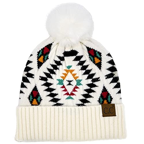 C.C Fur Pom Winter Fall Trendy Chunky Stretchy Cable Knit Beanie Hat - color: Aztec White