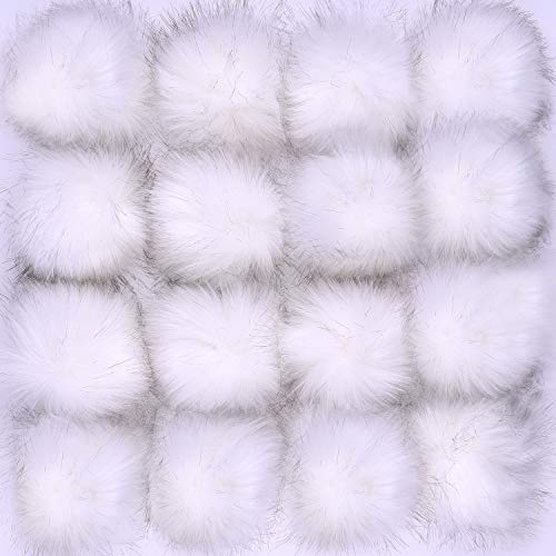 Coopay 16 Pieces Faux Fox Fur Pom Pom Balls DIY Fur Fluffy Ball with Elastic Loop for Hats Keychains Scarves Gloves Bags Charms Knitting Accessories (White) - color: White