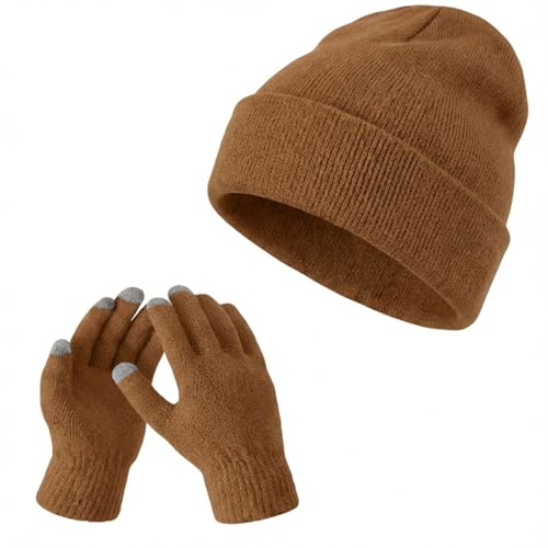Geyoga Beanie and Touchscreen Gloves Set for Women Men Unisex Winter Knitted Hat Skull Cap Warm Gloves with Knit Fleece Lined - color: Dark Yellow
