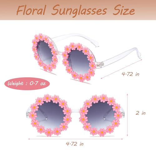 Girls Straw Hat with Flower Round Sunglasses, Summer Foldable Large Brim Sunflower Bowknot Beach Toddler Straw Sun Hat, 2-6T - color: Beige-pink Flower
