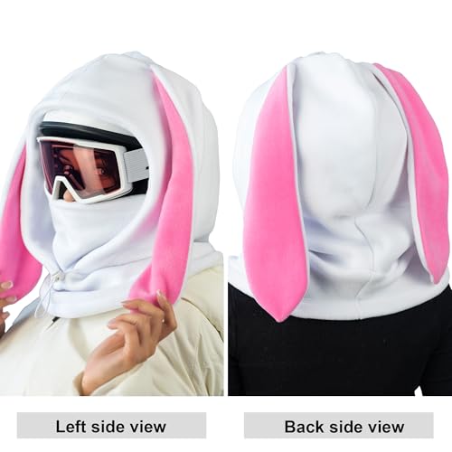 Fleece Balaclava Over Helmet - Warm Helmet Ninja Hood - Snowboard Hooded Hat Neck Gaiter Ski Mask - color: White&pink|bunny, size: One Size