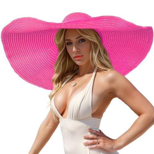 Oversized Beach Hat Women, Extra Wide Brim Foldable Straw Floppy Sun Hat - color: Rose Red